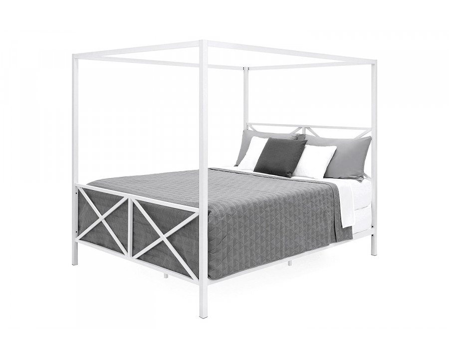 FaFurn Queen Size Modern Metal Canopy Bed Frame with Headboard and Footboard - White