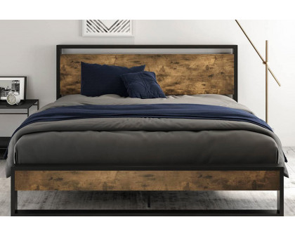 FaFurn - Metal Wood Platform Bed Frame with Industrial Headboard