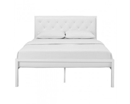 FaFurn Modern Queen Size Platform Bed with Upholstered Headboard - White, Metal