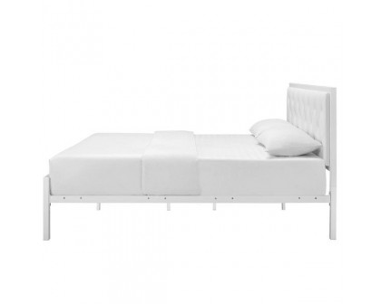 FaFurn Modern Queen Size Platform Bed with Upholstered Headboard - White, Metal