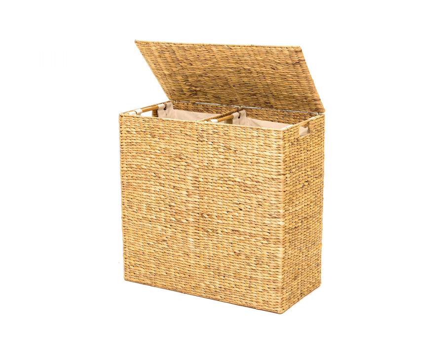 FaFurn - Natural 2-Bin Handwoven Hyacinth Linen Liner Laundry Hamper with Handles