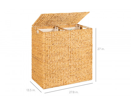 FaFurn - Natural 2-Bin Handwoven Hyacinth Linen Liner Laundry Hamper with Handles