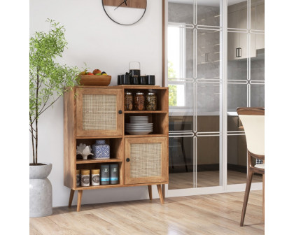 FaFurn - Sideboard Buffet with Rattan Doors in Walnut, Wood