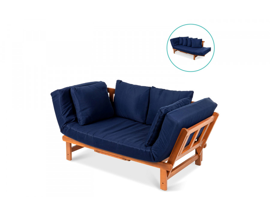 FaFurn - Navy Blue Outdoor Acacia Wood Convertible Sofa Futon with 4 Removable Pillows