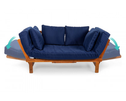 FaFurn - Navy Blue Outdoor Acacia Wood Convertible Sofa Futon with 4 Removable Pillows