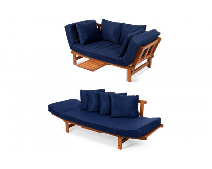 FaFurn - Navy Blue Outdoor Acacia Wood Convertible Sofa Futon with 4 Removable Pillows