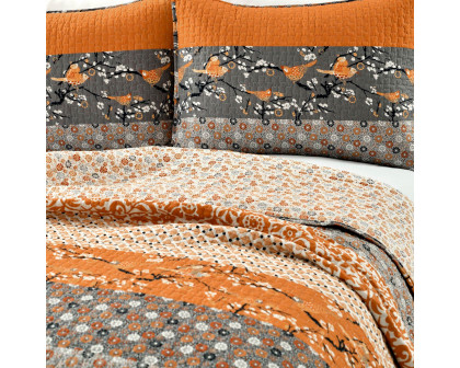 FaFurn Full/Queen Size 3-Piece Reversible Floral Quilt Set - Orange/Gray, Cotton