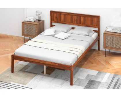 FaFurn Retro Full Size Platform Bed with Headboard - Walnut, Wood