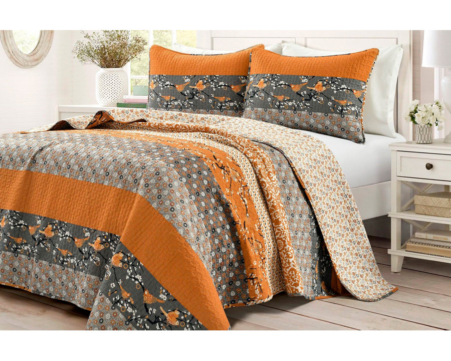 FaFurn King Size 3-Piece Reversible Floral Quilt Set - Orange/Gray, Cotton