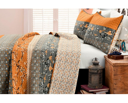 FaFurn King Size 3-Piece Reversible Floral Quilt Set - Orange/Gray, Cotton