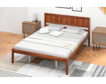 FaFurn Retro Queen Size Platform Bed with Headboard - Walnut, Wood