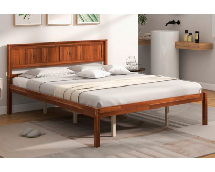 FaFurn Retro Queen Size Platform Bed with Headboard - Walnut, Wood