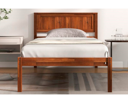 FaFurn - Retro Twin Size Platform Bed with Headboard in Walnut, Wood