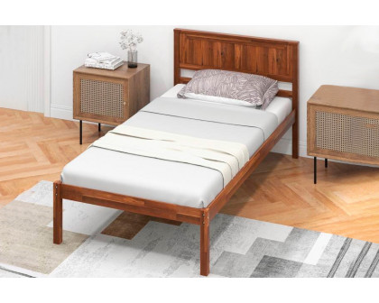 FaFurn - Retro Twin Size Platform Bed with Headboard in Walnut, Wood