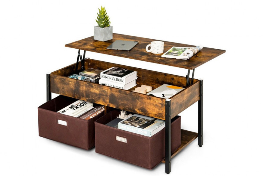 FaFurn™ Farmhouse Lift-Top Multi Purpose Coffee Table with 2 Storage Drawers Bins - Rustic