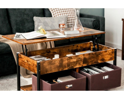 FaFurn™ Farmhouse Lift-Top Multi Purpose Coffee Table with 2 Storage Drawers Bins - Rustic