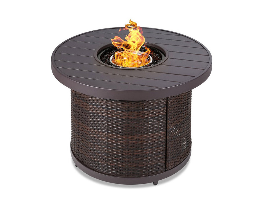 FaFurn - 50,000 Btu Wicker Round Lp Gas Propane Fire Pit with Faux Wood Tabletop and Cover