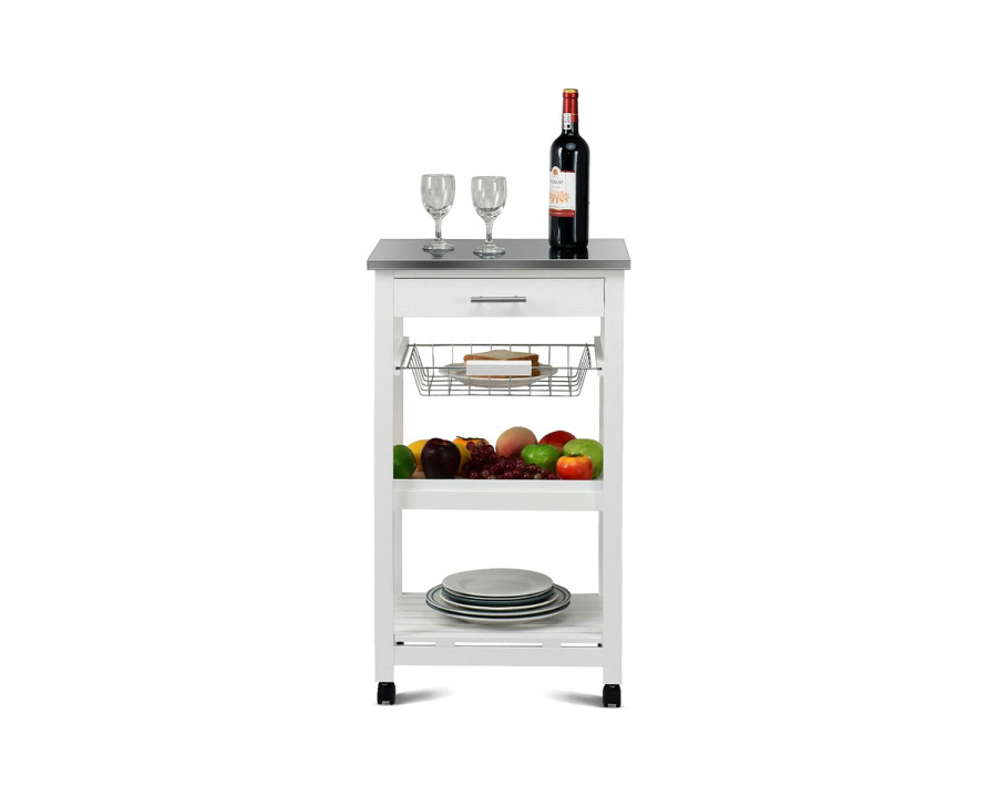 FaFurn - White Kitchen Cart with Storage Drawer and Stainless Steel Top