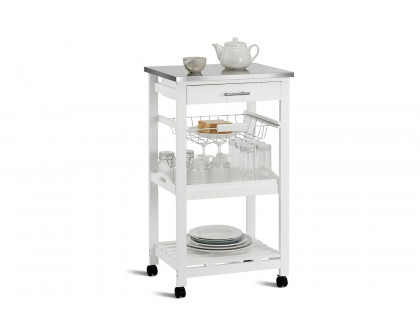 FaFurn - White Kitchen Cart with Storage Drawer and Stainless Steel Top