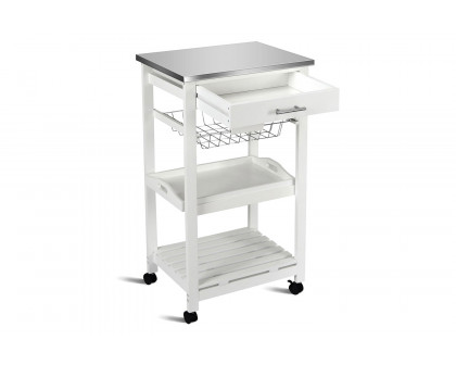 FaFurn - White Kitchen Cart with Storage Drawer and Stainless Steel Top