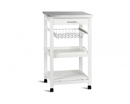 FaFurn - White Kitchen Cart with Storage Drawer and Stainless Steel Top