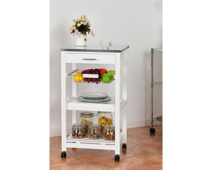 FaFurn - White Kitchen Cart with Storage Drawer and Stainless Steel Top