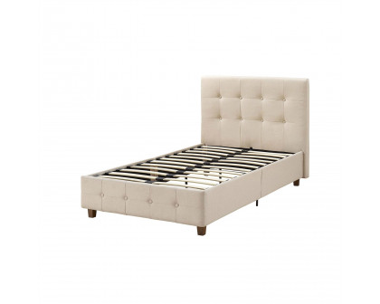 FaFurn - Twin Size Platform Bed Frame with Button-Tufted Headboard in Tan