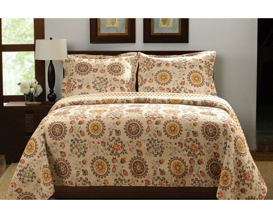 FaFurn - Retro Moon Shaped Floral Medallion Reversible 3 Piece Quilt Set