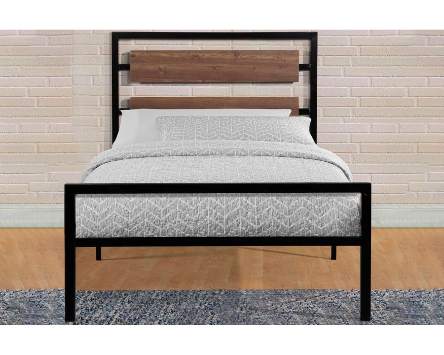 FaFurn Industrial Full Size Platform Bed with Wood Panel Headboard - Black/Walnut, Metal/Wood