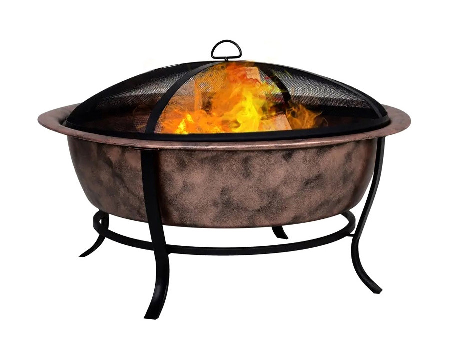 FaFurn Rustic Outdoor Wood Burning Fire Pit Cauldron Style Steel Bowl with Log Poker and Mesh Screen Lid