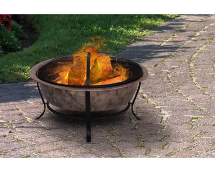 FaFurn Rustic Outdoor Wood Burning Fire Pit Cauldron Style Steel Bowl with Log Poker and Mesh Screen Lid