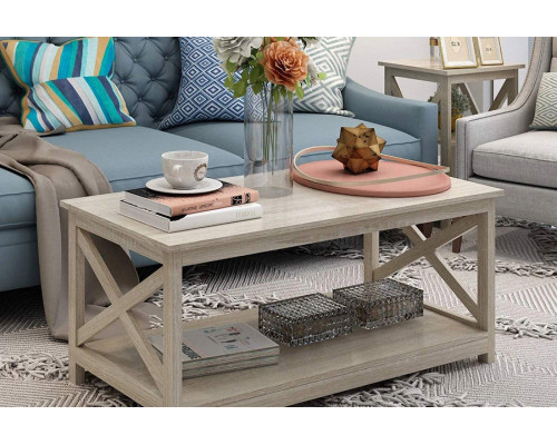 FaFurn Contemporary 2-Tier Farmhouse Coffee Table - Rustic White Oak