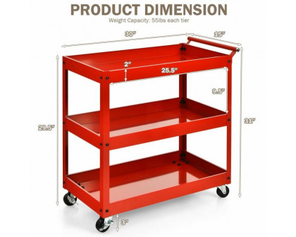 FaFurn Serving Utility Cart with 2 Bottom Shelves - Red, Steel