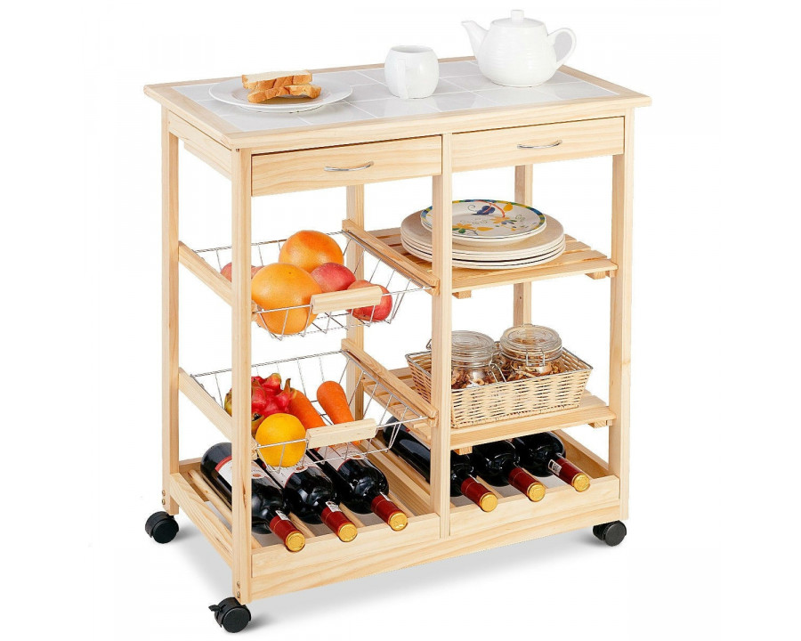 FaFurn - Kitchen Cart with Storage Drawers and Wine Rack in Natural, Wood