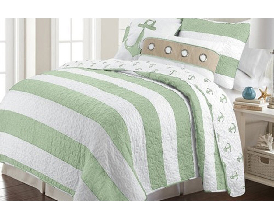 FaFurn 3 Piece Nautical Stripped/Anchors Reversible Microfiber Quilt Set - Green, King Size