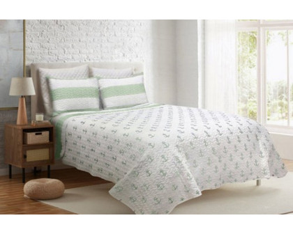 FaFurn 3 Piece Nautical Stripped/Anchors Reversible Microfiber Quilt Set - Green, King Size