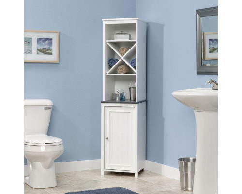 FaFurn - Bathroom Linen Tower with Open Shelving and Storage Cabinet in White, Wood