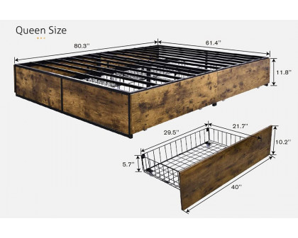 FaFurn Metal Wood Platform Bed Frame with 4 Storage Drawers - Queen Size