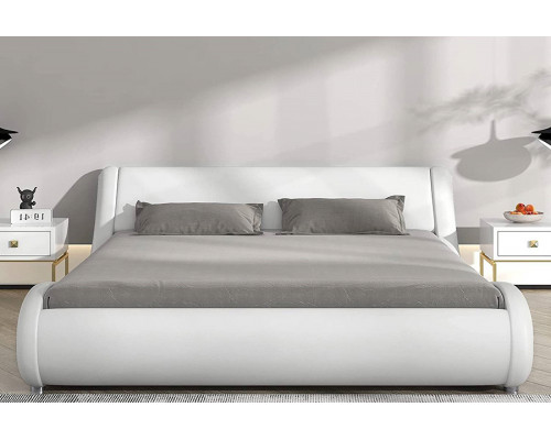 FaFurn Modern Faux Leather Upholstered Platform Bed Frame with Headboard - White, King Size