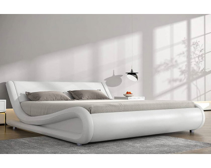 FaFurn Modern Faux Leather Upholstered Platform Bed Frame with Headboard - White, King Size