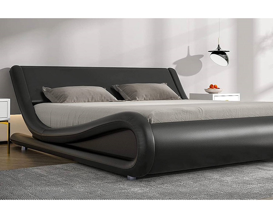 FaFurn Modern Faux Leather Upholstered Platform Bed Frame with Headboard - Black, Queen Size