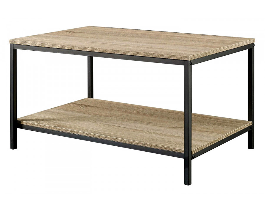 FaFurn Black Metal Frame Coffee Table with Oak Finish Wood Top and Shelf