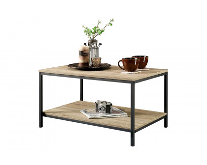 FaFurn Black Metal Frame Coffee Table with Oak Finish Wood Top and Shelf