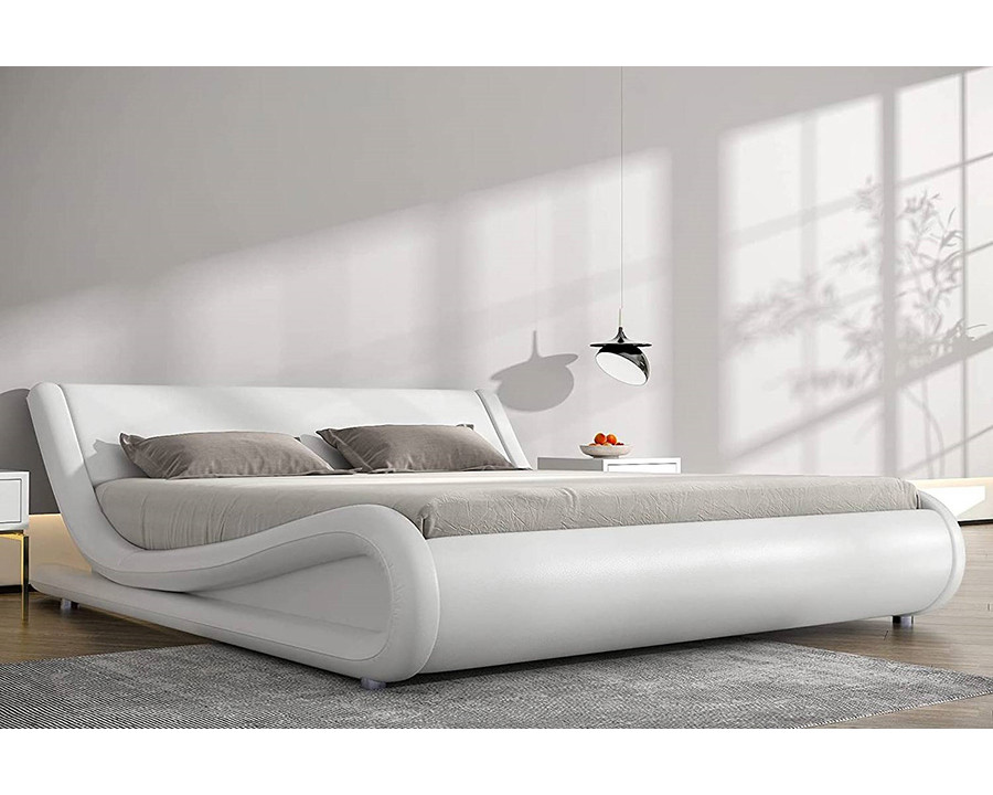 FaFurn Modern Faux Leather Upholstered Platform Bed Frame with Headboard - White, Full Size