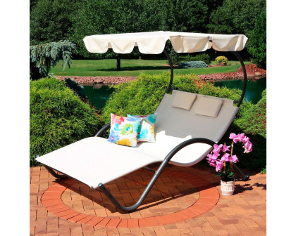 FaFurn - Outdoor Double Chaise Lounge with Canopy And Pillows in White, Vinyon Fiber/Polyethylene, Steel