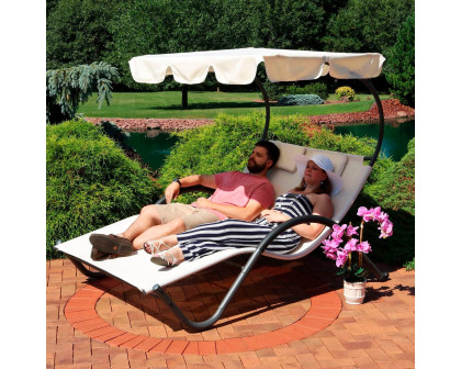 FaFurn - Outdoor Double Chaise Lounge with Canopy And Pillows in White, Vinyon Fiber/Polyethylene, Steel