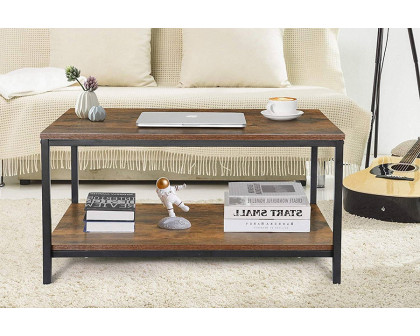 FaFurn™ Modern 2-Tier Metal Wooden Coffee Table - Rustic Brown/Black