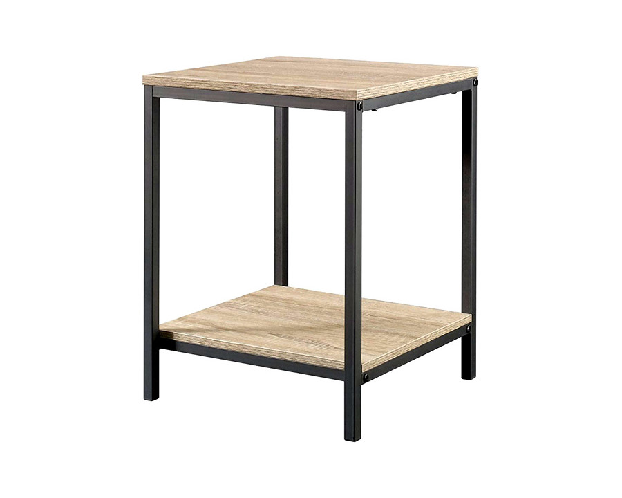 FaFurn Modern Black Metal Frame End Table with Oak Finish Wood Top and Bottom Shelf