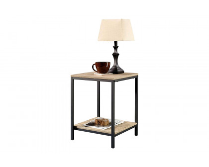 FaFurn Modern Black Metal Frame End Table with Oak Finish Wood Top and Bottom Shelf