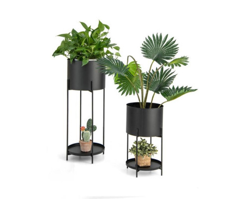 FaFurn - Set of 2 Garden Pot Stand with Bottom Shelf in Black, Metal